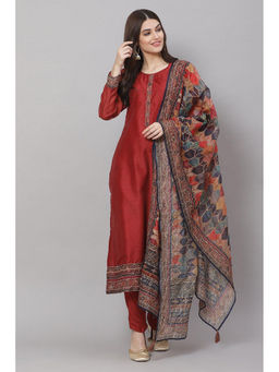 Biba - Red Chanderi Unstitched Dress Material Suit (Set of 3)