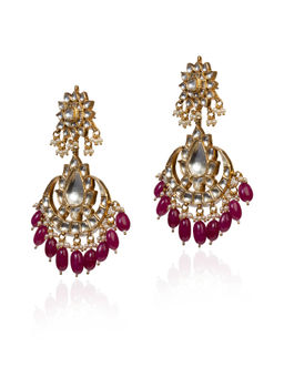 RIANA JEWELLERY - White Jadtar Stone Earrings With Pink Beads and White Hangings