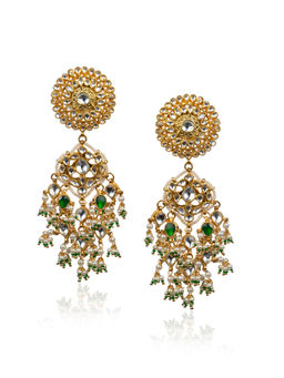 RIANA JEWELLERY - Jadtar Earrings Studded With Green & White Stones Beaded With Pearls & Green Beads