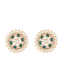 RIANA JEWELLERY - Round Stud Earrings With Green and White Stones With Beaded With Pearl