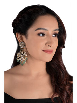 RIANA JEWELLERY - White Jadtar Stone Earrings With 2 Layer Pearl Sea Green Beads Beads