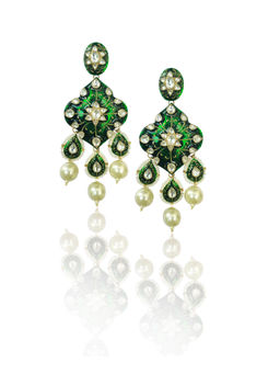 RIANA JEWELLERY - Green Meena Work Earring With Pearl