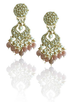 RIANA JEWELLERY - White Jadtar Stone Earrings With 2 Layer Pearl Pestle Pink Beads Beads