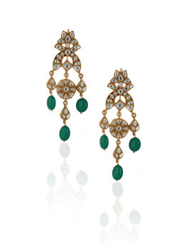 RIANA JEWELLERY - White Jadtar Stone Earrings With Green Beads