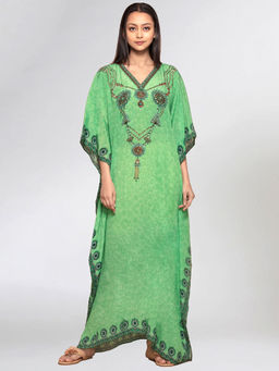 First Resort by Ramola Bachchan - Parrot Green Pearl Full Length Kaftan