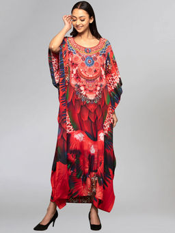 First Resort by Ramola Bachchan - Red And Black Tribal Embellished Silk Full Length Kaftan