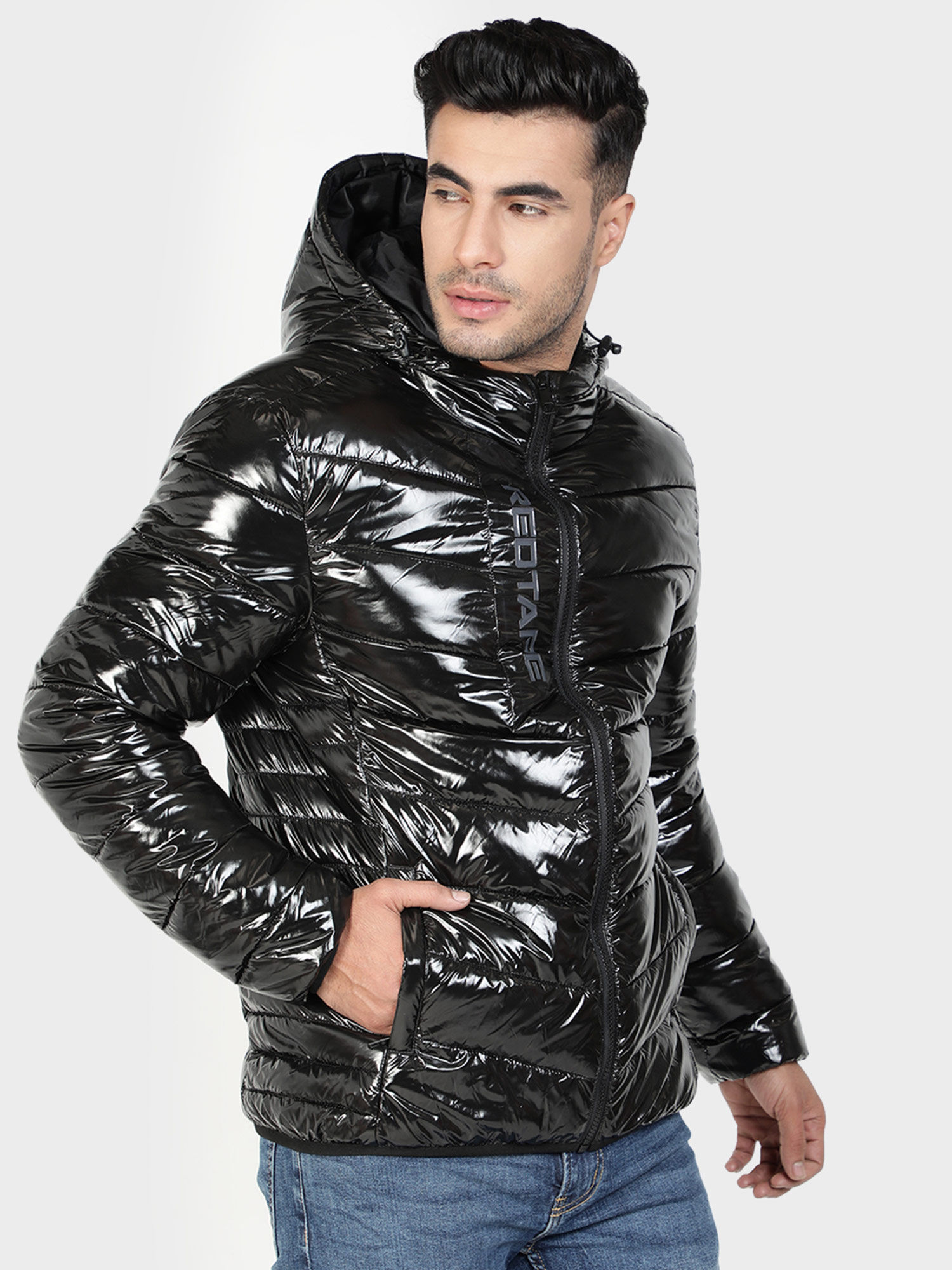 Buy Red Tape Glossy Black Hooded Jacket 