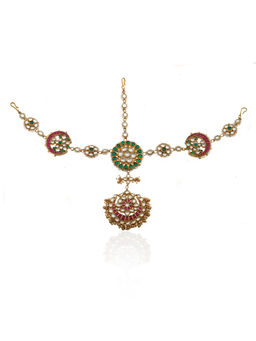 RIANA JEWELLERY - Hair Band Pink Ball Tikka Green Centre Mathapatti
