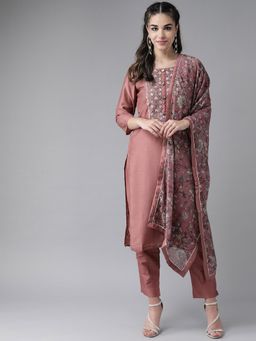 ISHIN - Pink Embroidered Kurta And Trouser With Dupatta (Set of 3)