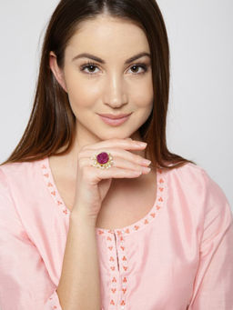 Priyaasi - Magenta Druzzy Stone Studded & Pearl Beaded Ring
