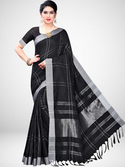 Akhilam - Black Cotton Blend Saree With Unstitched Blouse