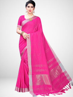 Akhilam - Pink Cotton Blend Saree With Unstitched Blouse
