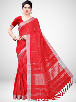 Akhilam - Red Cotton Blend Saree With Unstitched Blouse