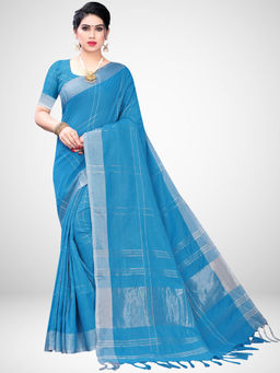 Akhilam - Sky Blue Cotton Blend Saree With Unstitched Blouse