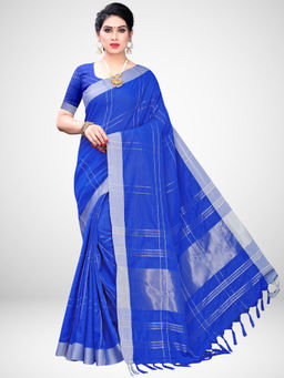 Akhilam - Blue Cotton Blend Saree With Unstitched Blouse