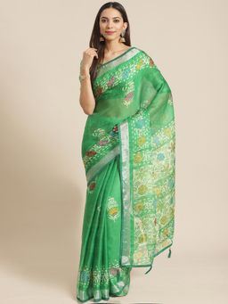 Akhilam - Green Embellished Saree With Unstitched Blouse
