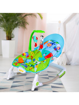 Baby Moo - Newborn To Toddler Portable Bouncer With Hanging Toys Blue & Green