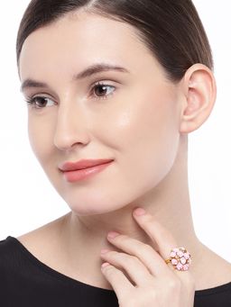 Fabula - Pink Acrylic Floral Statement Cocktail Adjustable Cocktail Ring In Gold Tone