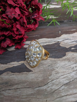 RIANA JEWELLERY - White Small Jadtar Stone Ring In Square Shape