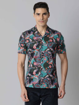 Rare Rabbit - Lero- Printed Half Sleeve Mens Shirt - Olive