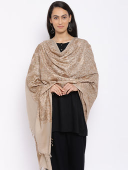 Pashmoda - Beige Pure Wool Swarovski Crystal And Aari Embroidered Shawl