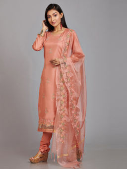 Biba - Peach Printed Unstitched Dress Material (Set of 3)