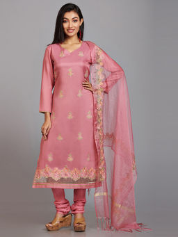 Biba - Pink Printed Unstitched Dress Material (Set of 3)