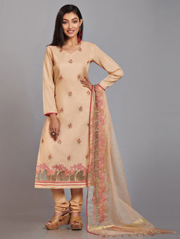 Biba - Beige Printed Unstitched Dress Material (Set of 3)