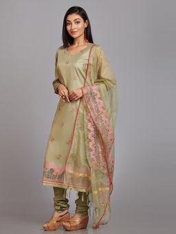 Biba - Green Printed Unstitched Dress Material (Set of 3)