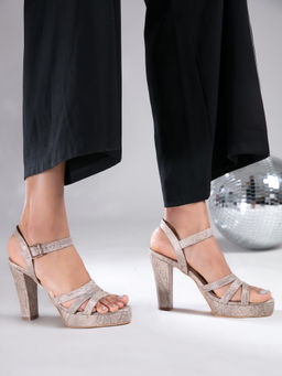 RSVP by Nykaa Fashion - Gold Cobra Textured Cross Strap Block Heels