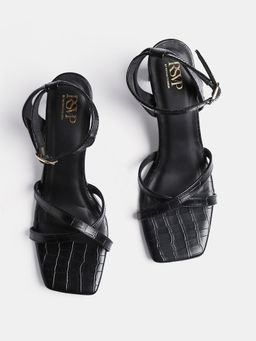 RSVP by Nykaa Fashion - Black Textured Criss Cross Strap Block Heels