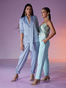 RSVP by Nykaa Fashion - Blue Solid Notch Lapel Blazer Ankle Pants Set