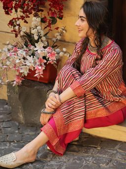 Rustorange - Multi Color Striped Front Gather Kurta Palazzo (Set of 2)