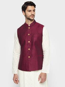 Ethnix By Raymond - Dark Maroon Solid Nehru Jacket