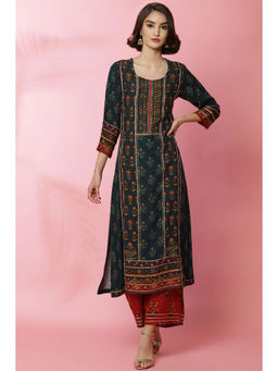 Biba - Teal Green Rayon Straight Kurta (Set of 2)