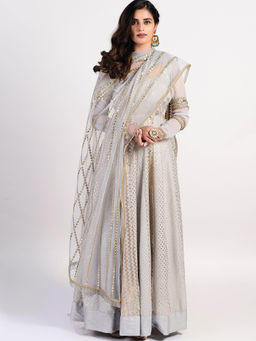 RISHI & VIBHUTI - Silver Seashell Embellished Dress With Dupatta - Customisable (Set of 2)