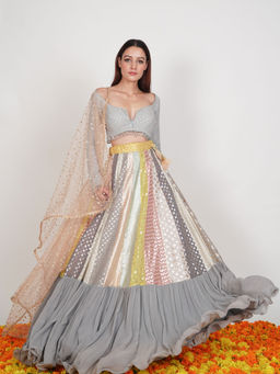 RISHI & VIBHUTI - Grey Seerat Embellished Lehenga With Blouse & Dupatta - Customisable (Set of 3)