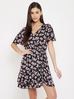 Clovia - Rayon Floral Printed Beachwear Short Dress - Black