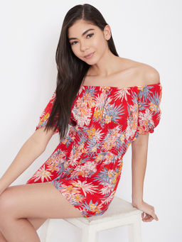Clovia - Rayon Floral Printed Off Shoulder Beachdress - Red