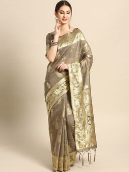 Sareemall - Brown Festive Silk Blend Woven Border Saree With Unstitched Blouse