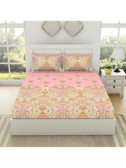 SPACES - Elegantly Ethnic Abstract Pink Cotton 1 King Bedsheet with 2 Pillow Cover