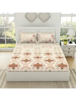 SPACES - Urban Organic Abstract Beige Cotton 1 Queen Fitted Sheet with 2 Pillow Cover
