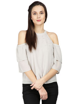 Gipsy - Women Silver Grey Round Neck Should Off Half Sleeves Top