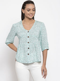 Gipsy - Women V-Neck Three-Quarter Sleeves Self Design Sage Color Tops