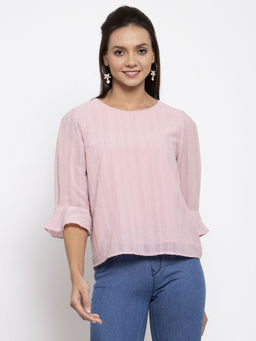 Gipsy - Women Round Neck Three-Quarter Sleeves Solid Lavender Color Tops