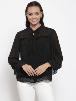Gipsy - Women Tie-Up Neck Long Sleeves Solid Black Color Tops