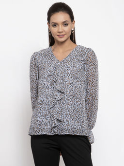 Gipsy - Women V-Neck Long Sleeves Self Design Blue Color Tops