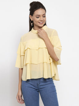 Gipsy - Women Choker Neck Short Sleeves Solid Yellow Color Tops