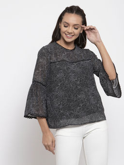 Gipsy - Women Round Neck Three-Quarter Sleeves Self Design Black Print Color Tops