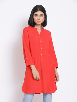 Oxolloxo - Flaming Red Button Women's Linen Blend Tunic